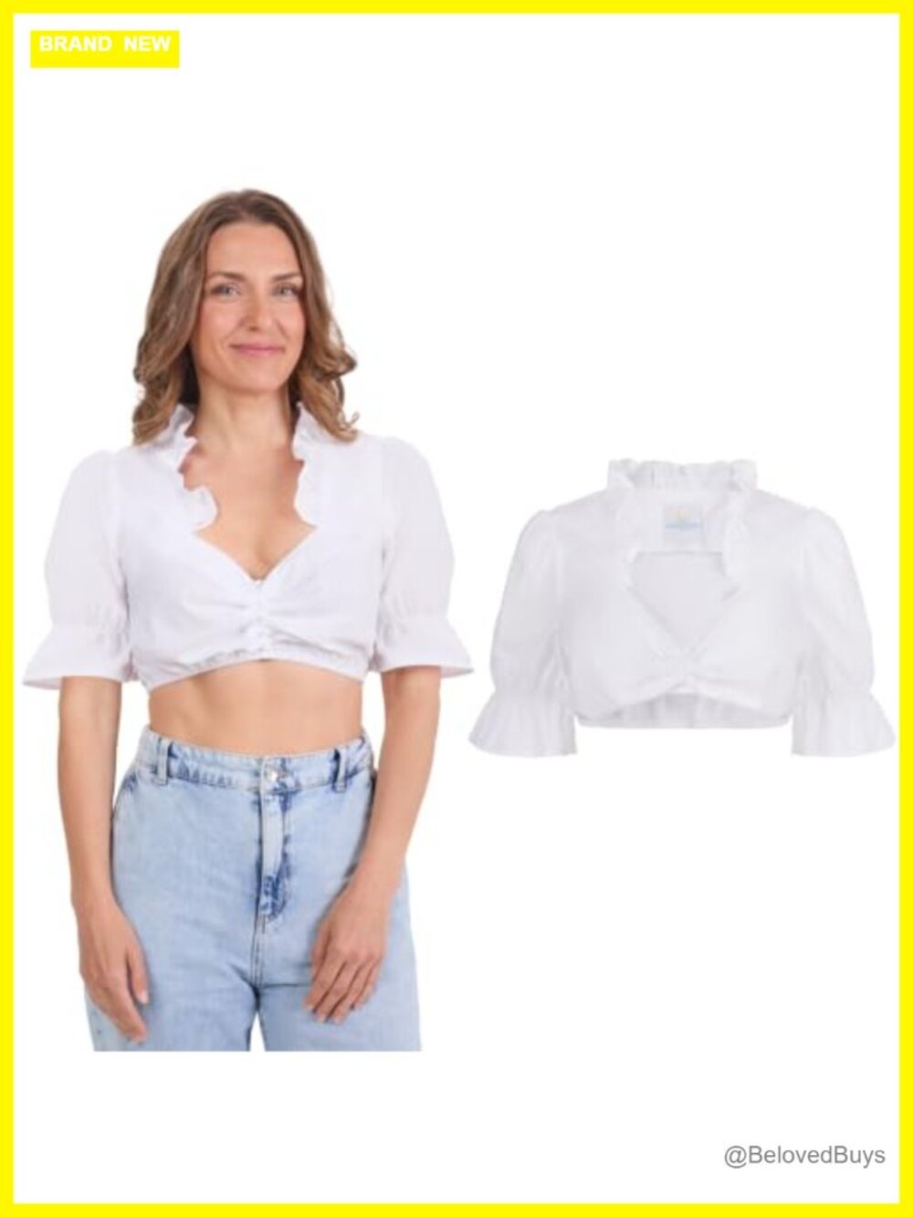 Women's Dirndl Blouse 100% Cotton Puff Sleeve Ruffle Neck Oktoberfest Top